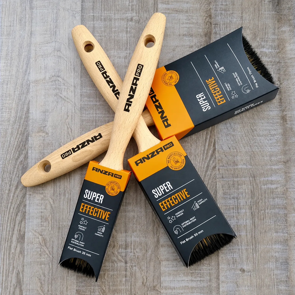 ANZA Super Effective Flat Brush - pensulă plată cu mâner din lemn